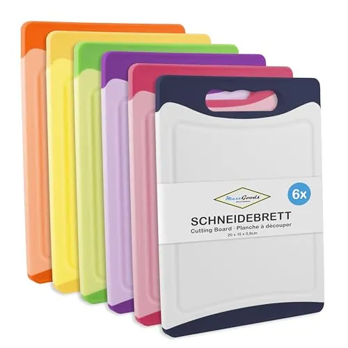 MaxxGoods Schneidebrett SET 6-teilig bunt, mit Saftrille & Griff - Antibakteriell - Hackbrett, Kunststoffbrett beidseitig verwendbar & Spülmaschinenfest (20 x 15 x 0,8 cm)