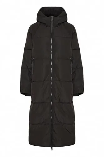 ICHI IHBunala Damen Wintermantel Winterjacke Steppjacke lang mit Kapuze Reißverschlusstaschen Regular fit, Größe:M, Farbe:Black (194008)