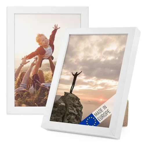 PHOTOLINI Bilderrahmen Holz 13x18 Weiß, Holzbilderrahmen Made in EU, 2er Set, bruchsicheres Acrylglas, zum Aufhängen & Aufstellen, extra Zubehör - für Ihre liebsten Fotos & Bilder