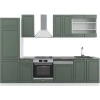 Vicco Küchenzeile Fame-Line, Grün-Gold Landhaus/Weiß, 300 cm - Küchenzeilen mit hochwertigen MDF-Fronten und Soft-Close-Scharniere für leises Schließen. Modularer Aufbau für individuelle Anpassungen und optimalen Stauraum.