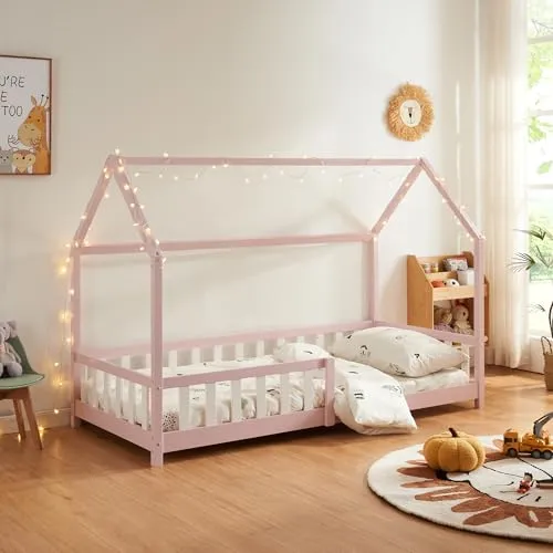 [en.casa] Kinderbett Hesel Hausbett Rosa 90 x 200 cm - Kleinkindbett mit charmantem Hausdesign, inklusive Rausfallschutz für sicheren Schlaf und einfache Montage für schnelles Einrichten.