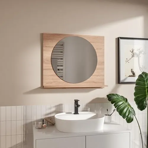 HAJDUK FURNITURE Badspiegel Rund mit Ablage Sonoma 70x60 cm Spiegel ⌀55 cm Badezimmer-Wand-Rasierspiegel mit Stauraum Badezimmerspiegel Wandspiegel Hängespiegel Badmöbel