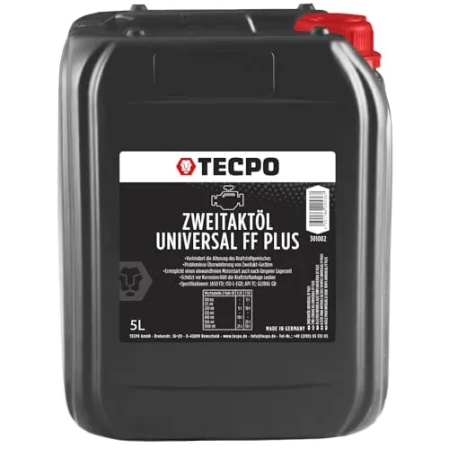 Produktbild TECPO Zweitaktöl Universal 2-Takt FF Plus, 5 Liter, teilsynthetisch 1:50 JASO FD, ISO-L-EGD, API TC mischbar mit Fuel Fresh für Gemisch- und Getrenntschmierung geeignet Motorsäge, Rasenmäher, Mofa