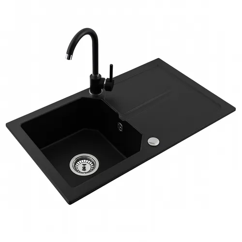 Granit Küchenspüle 750x435mm mit Armatur - Sanitäranlagen & Zubehör, hochwertige Granitspüle mit Abtropffläche und stilvollem Design in Schwarz, inklusive Siphon für einfache Installation.