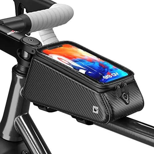 Grefay Fahrrad Rahmentaschen Wasserdicht Farhrradlenkertasche Oberrohrtasche Handytasche Geeignet für Smartphones Innerhalb mit Kopfhörerloch, TPU Touchschirm von 6,5 Zoll (Carbonschwarz)