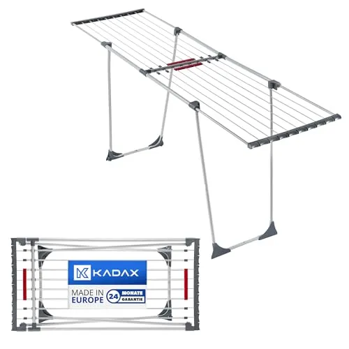 KADAX Teleskop Wäscheständer - Ausziehbarer Wäschetrockner mit 20m Trockenleinenlänge - Wäscheständer aus pulverbeschichtetem Stahl, mit Teleskopsystem für platzsparendes Verstauen und bis zu 20 m Trockenfläche für große Wäscheladungen.