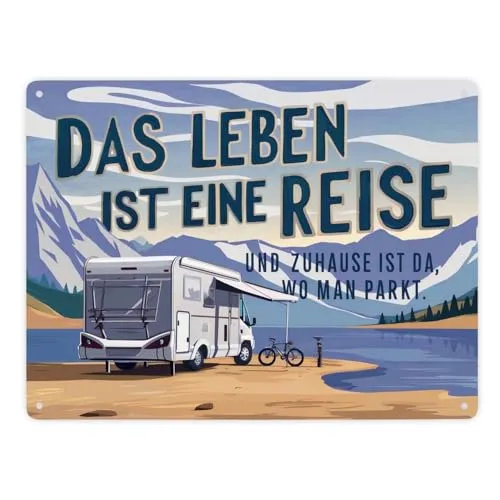 Wohnmobil am See Metallschild XXL in 28x38 cm - Zuhause ist wo man parkt Fahrradfahren in den Bergen unter klarem Himmel - genießen Landschaft erleben parken und reisen