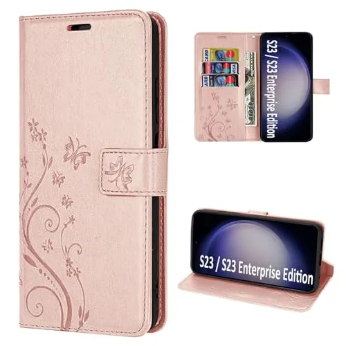 Hülle Kompatibel mit Samsung Galaxy S23 | Premium PU Leder Handyhülle Wallet Case für Galaxy S23 | Schutzhülle Blumen Klapphülle Handyhülle | Rosegold
