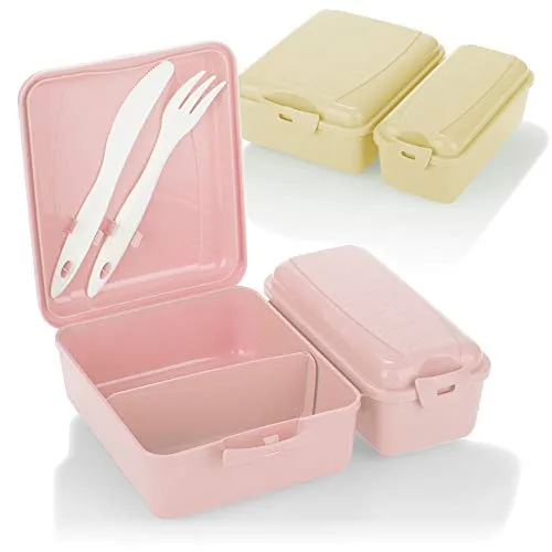com-four® 2x Lunch-Box mit zwei getrennten Fächern, Aufschnittdose, Brotdose für unterwegs, mit Besteck, Messer und Gabel im Deckel (2 Stück - rosa beige)