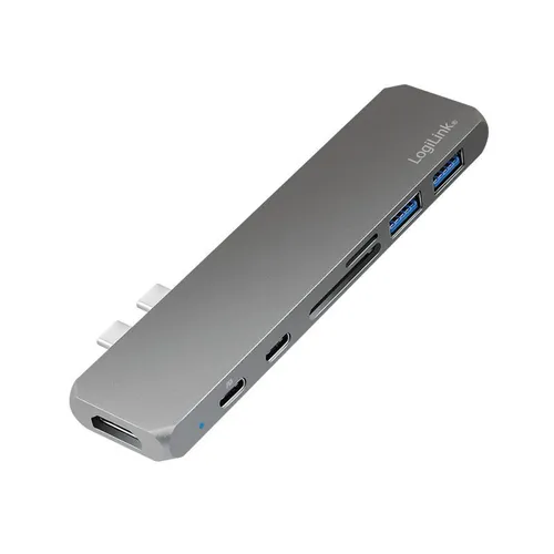 Docking-Station USB-C 7-Port für Notebook & Laptop - Notebook-Dockingstation mit 7 Anschlüssen, inklusive HDMI und Speicherkartenleser. Perfekt für effizientes Arbeiten und vielseitige Konnektivität in elegantem Silber.