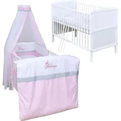 Baby-Delux Babybett Jack 140x70 Weiß mit Komplettset - Robustes Babybett aus Kiefernholz, inkl. Matratze, Bettwäsche und Beißschienen. Höhenverstellbar und umbaubar zum Juniorbett – ideal für wachsende Kinder.