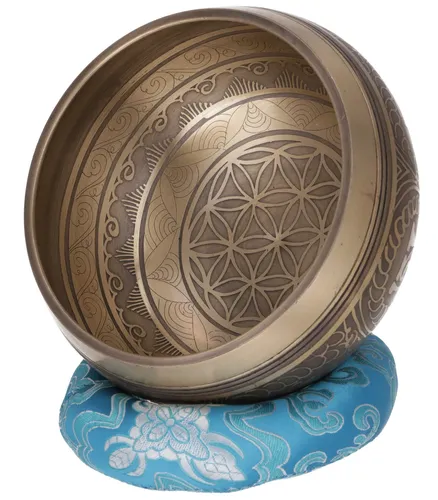 Handgearbeitete gravierte Klangschale mit Klöppel + Kissen / Dekokissen / - Ø