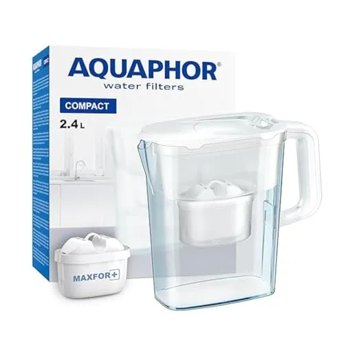AQUAPHOR Compact | Wasserfilter Kanne inkl.1 Maxfor+ Kartusche | 2,4l weiß | Ideal für die Kühlschranktür & kleine Küchen