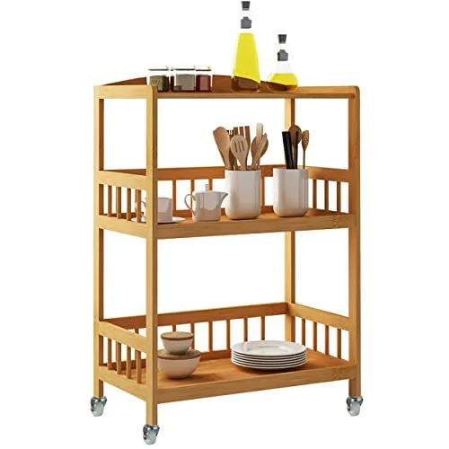 sogesfurniture Bambus Rollwagen Küchenwagen Servierwagen mit 3 Ablage und Rollen, mobiler Allzweckwagen Beistellwagen für Küche, Flur, Bad, Balkon, KS-ZC05-BH