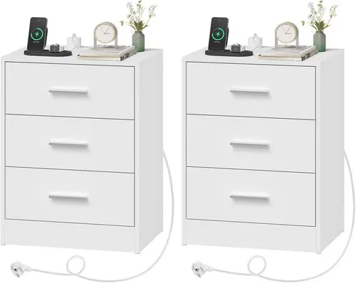 Woltu Nachttisch mit Ladefunktion – Modern, 3 Schubladen, Weiß/Schwarz