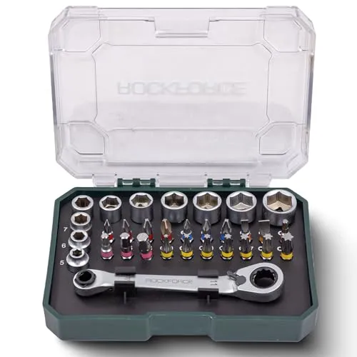 Rockforce 31-tlg 1/4 Zoll Steckschlüsselsatz – Mini Ratsche, Knarrenkasten, Bit Set und Nüsse aus Cr-V im kompakten Werkzeugkoffer – Nusskasten für Auto, Kfz, Werkstatt und Heimwerker