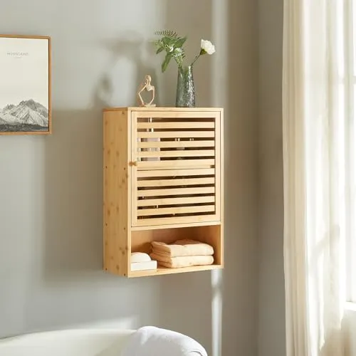 [en.casa] Badezimmerschrank Gjesdal - Hängeschrank aus Bambus - Hängeschrank fürs Bad, stilvolles Design aus nachhaltigem Bambus mit zwei Ablagefächern und offenem Stauraum für schnellen Zugriff auf Badutensilien.