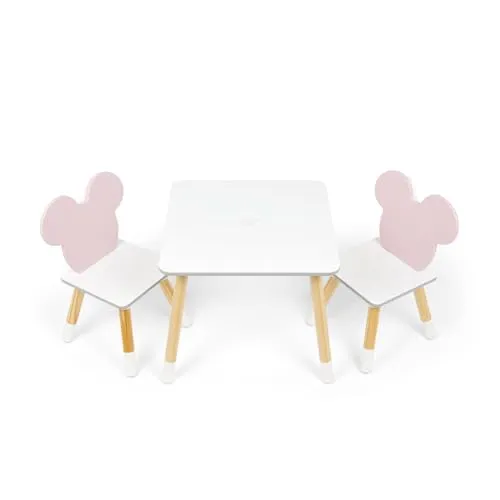 ARDITEX – Tisch- und 2 Stuhl-Set aus Holz für Kinder Offizielle Lizenz Minnie Mouse – Tisch 50x50x44 cm/Stuhl 26,5x26,5x50 cm – Rosa & Weiß – Ideal zum Spielen, Malen und Basteln