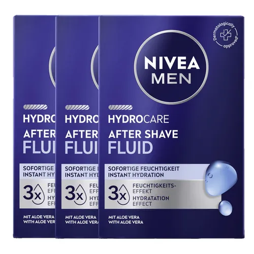 Nivea Men HydroCare After Shave Fluid 100ml 3er Pack - Hochwertiges Aftershave Fluid für normale Haut, sorgt für eine erfrischende Pflege nach der Rasur. Ideal für die tägliche Anwendung und mit praktischer 3er Packung.