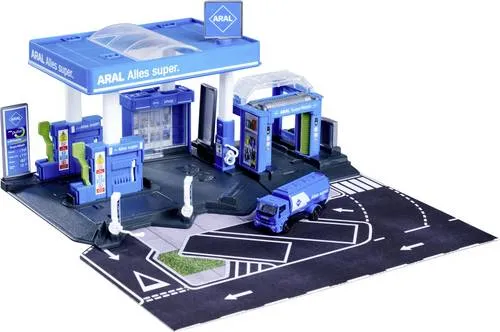 majORETTE Spiel-Gebäude Petrol Station Aral mit Fahrzeug - Spielfahrzeug-Gebäude mit Tankstelle, Shop und Waschanlage. Inklusive Tanklaster im Maßstab 1:64 für realistischen Spielspaß.