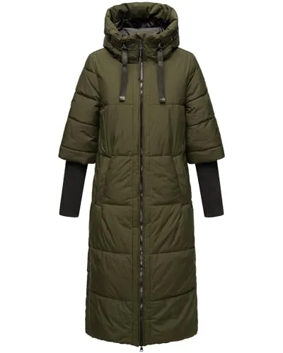 Navahoo Damen langer Wintermantel warmer Steppmantel mit Kapuze und Rippstrickärmeln Ciao Miau XIV Dark Olive Gr. L
