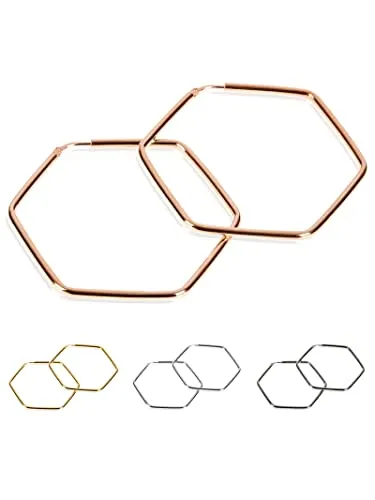 modabilé Creolen Hängend Sechseck Hexagon Damen Roségold Vergoldet (50mm) 925 Sterling Silber: Eckige Ohrringe Groß Edel Statement Ohrhänger Frauen