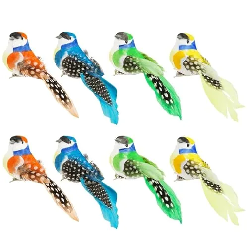BUOSHUO 8 Stück Künstliche Vögel Deko,Deko Vögel mit Clip,Feder Vogel Modell,Geeignet für Ostern,Garten,Party,Hochzeit Handwerk Dekorationen (Farbig)