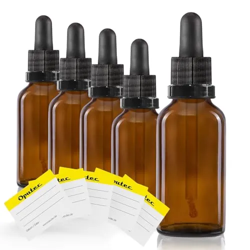 Oputec 5 x 30ml Pipettenflasche aus Braunglas mit Glaspipette + 5 Etiketten – Apothekerflasche für Aromatherapie, Kosmetik, Tropfflasche lichtgeschützt, für pharmazeutische Anwendungen und Labor
