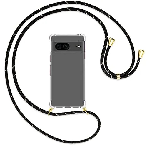 mtb more energy® Handykette kompatibel mit Google Pixel 7 - Schwarz+Gold gestreift/Gold - Smartphone Hülle zum Umhängen - Anti Shock Full TPU Case