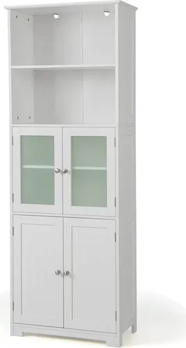 GOPLUS Badezimmerschrank mit Ablagen & Schänke, Hochschrank mit Glastüren & verstellbaren Regalen, Badkommode Aufbewahrungsschrank