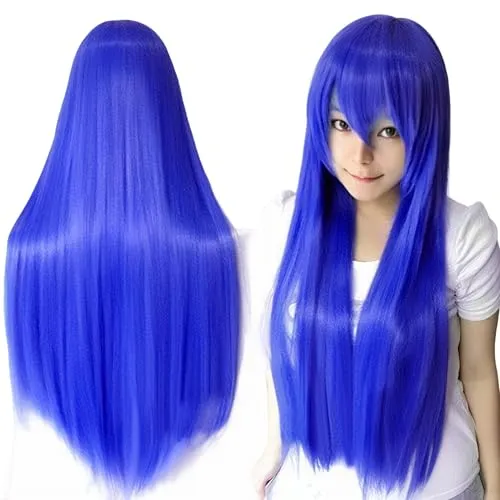 IMISSU 80 cm langes glattes Naturhaar Cosplay Perücken mit Pony Bunt Halloween Kostüm Party Perücke Haarverlängerungen (Blau)