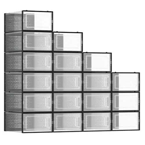 SONGMICS Schuhboxen 12er Set - Faltbare und stapelbare Schuh-Organizer aus Kunststoff, transparent für Schuhe bis Größe 44, ideal gegen Schuhchaos