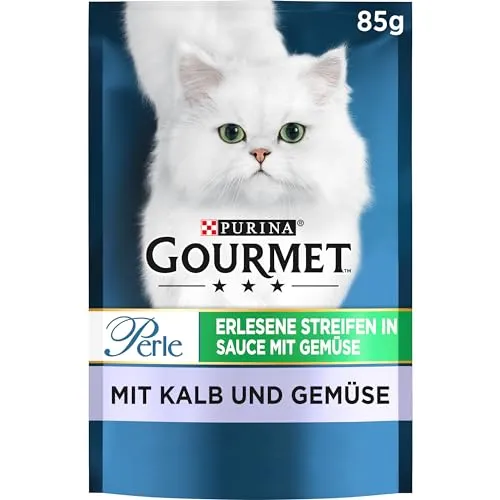 Gourmet Perle Erlesene Streifen mit Gemüse Katzenfutter nass, mit Kalb und Gemüse, 26er Pack (26 x 85g)