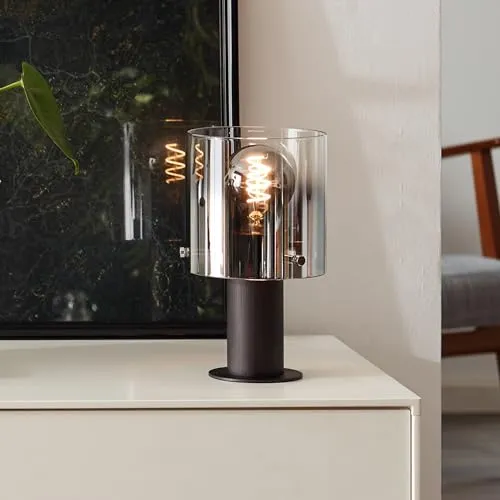 Lightbox elegante Tischlampe - 26 cm Höhe, Ø 15 cm - dekorative Tischleuchte mit rauchfarbenem Glas Schirm & Schalter - E27, max. 60 W - aus Glas/Metall - in Kaffeefarben/Rauchglas