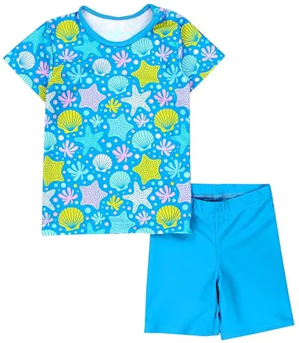 Aquarti Baby Mädchen Zweiteiler Kinder Badeanzug Bade-Set Bade T-Shirt Badehose UV-Schutz, Farbe: Muscheln Seesterne Blau Gelb, Größe: 80