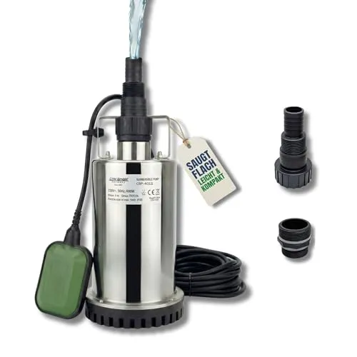 Flachsaugende Edelstahl Tauchpumpe 400 Watt Schmutzwasser geeignet Fördermenge und Hubhöhe 7000l/h 6 Meter mit Schwimmschalter und Dauerbertieb funktion