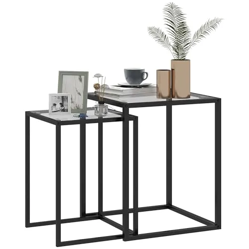 HOMCOM 2er Set Beistelltisch stapelbarer Nachttisch Couchtisch mit Beinen aus Stahl, modern Wohnzimmertisch mit Tischplatte aus verstärktem Glas Kaffeetisch für Wohnzimmer Schlafzimmer Schwarz