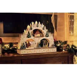 Weihnachtlicher Schwibbogen mit drehender Pyramide und LED-Kerzen - Traditioneller Schwibbogen mit detailreicher Winterszene, energiesparenden LED-Lichtern und praktischer Timerfunktion für stimmungsvolle Weihnachtsdekoration.