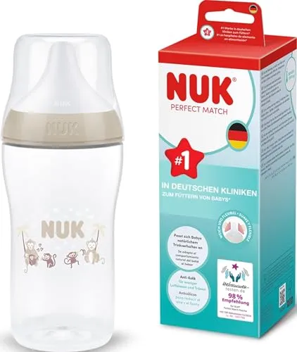 NUK Perfect Match Babyflasche | 3+ Monate | 260 ml | Anti-Kolik-Babyflasche | PP | Temperature Control Anzeige | Affe | 1 Stück