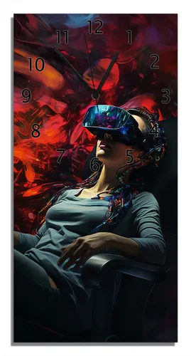 Wallario Design Wanduhr - Eintauchen in die virtuelle Realität, 30 x 60 cm - Hochwertige Acryl-Wanduhr mit modernem Motiv für stilvolle Wohnräume. Leicht und elegant, sorgt für einen besonderen Blickfang. Einfache Montage mit Anleitung, benötigt 1,5 V AA-Batterie (nicht enthalten).