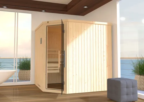 Weka Element-Ecksauna Varberg mit Glastür - Massivholzsauna mit platzsparendem Design, einfacher Montage und eleganter Graphit-Optik für Ihre persönliche Wellness-Oase zu Hause.