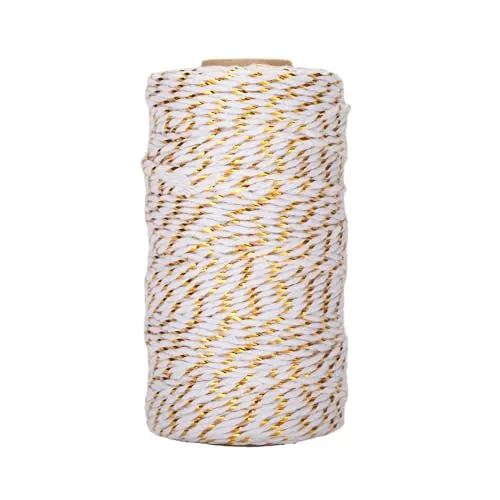 jijAcraft Bäcker Bindfäden, 100M Weiß Baumwollschnur mit Goldschnur, 2MM Bastelschnur Dekokordel Schnur Perfekt für DIY Kunstgewerbe Gartenarbeit und Dekorieren (Golddraht)