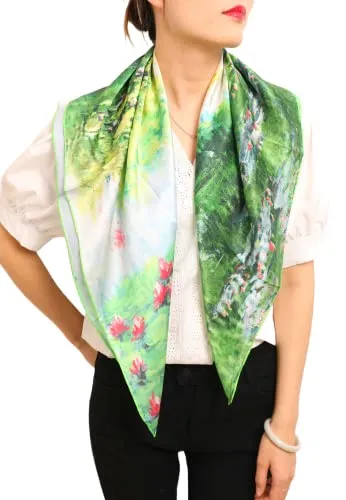 Prettystern Damen Handrolliert Seidentuch Kunst-motiv Seerosen Grün-weiß 90 Cm Tuch Monet 100% Seide P067