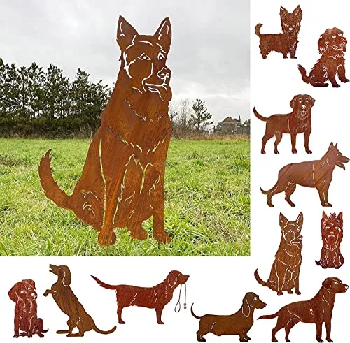 Gartenfigur Hund Schäferhund sitzend klein 50x29cm Gartenstecker Edelrost Gartendeko Wetterfest Rost Metall Rostfigur Hunde Figur Tier von Steinfigurenwelt