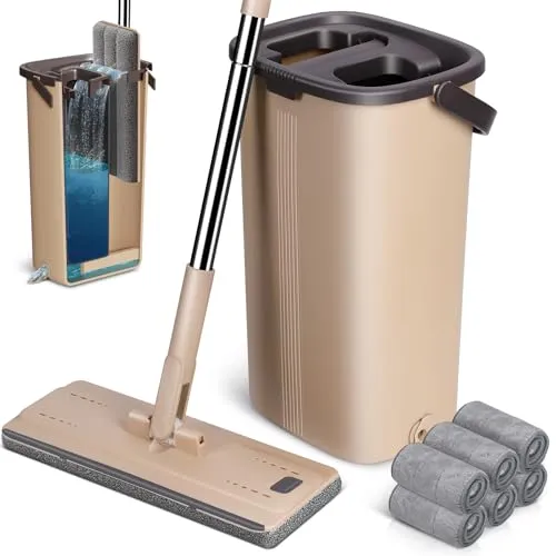 Bodenwischer Set, Wischmopp Set mit Eimer, MASTERTOP 2 In 1 Putzeimer mit Wischmop mit 6 Mikrofaser-Pads, Hand-Frei Flachmopp Wischer mit Auswringfunktion für Hartholz, Fliesen, Laminat, Marmor