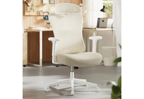 SONGMICS Ergonomischer Bürostuhl mit verstellbarer Lendenstütze - Beige - Ergonomischer Schreibtischstuhl mit atmungsaktivem Netzstoff und flexiblem Lendenkissen für hohen Sitzkomfort. Ideal für konzentriertes Arbeiten und entspannte Pausen. Höhenverstellbar und einfach zu montieren.