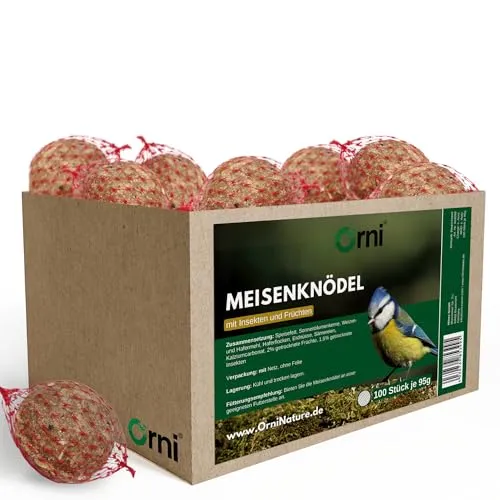 Orni 100 Stück Insektenknödel mit Netz | Leckere Meisenknödel für Wildvögel das ganze Jahr über - Die Orni Insektenknödel bieten eine ausgewogene Mischung aus wertvollen Ölen, Fetten und Insekten, ideal für die ganzjährige Fütterung von Wildvögeln. Perfekt für deinen Garten, um Vögel anzulocken!