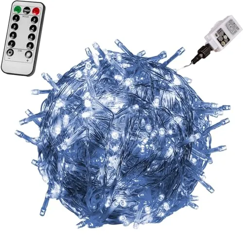 VOLTRONIC LED Lichterkette, IP44, Modell- und Farbwahl, 200 LEDs, Transparentes Kabel, kaltweiß, Fernbedienung