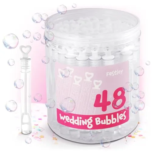 Festicy Seifenblasen Hochzeit Set I 48 Stück mit Herzgriff je 4,5 ml I Zauberhafte Hochzeitsdeko & Gastgeschenke I Perfekt für Hochzeitsfeier & Standesamt I Optimal als Hochzeit Gastgeschenk