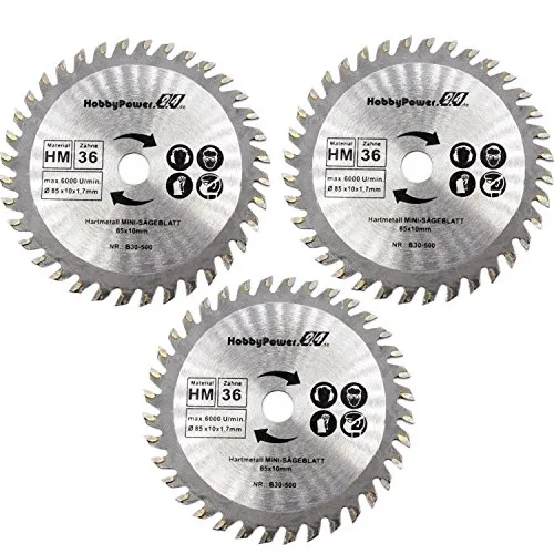 Stück Mini Handkreissäge HM Sägeblatt Kreissägeblatt für Holz Laminat Kunststoff Aluminium Ø 85mm x 10mm 36 Zähne kompatibel mit Matrix MCS 500-1, PARKSIDE, Einhell, Worx und andere 3